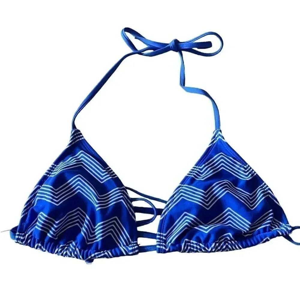 Massimo Blue White Chevron Pattern Padded Triangle Halter Straps Swimming Top SZ
